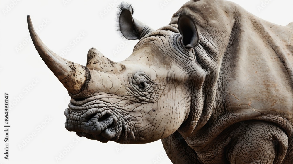A realistic photo of a rhinoceros isolated on a white backdrop, focusing on its distinctive horns and rugged texture A realistic photo of a rhinoceros isolated on a white backdrop, focusing on its distinctive horns and rugged texture