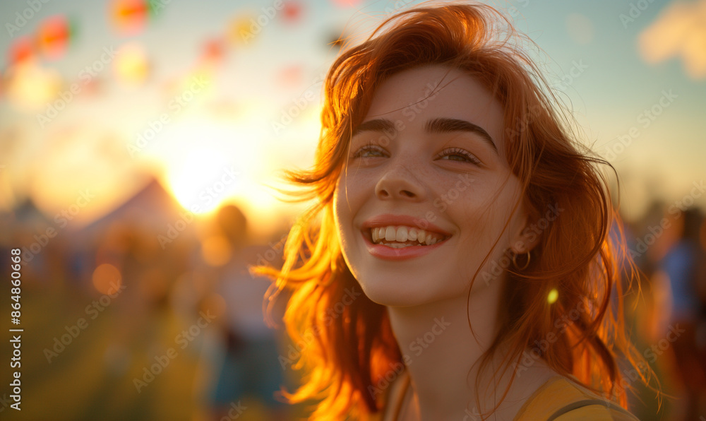 Fototapeta premium Enchanting Red-Haired Woman Bathed In Golden Light: A Radiant Scene Capturing The Essence Of Natural Beauty And Warmth