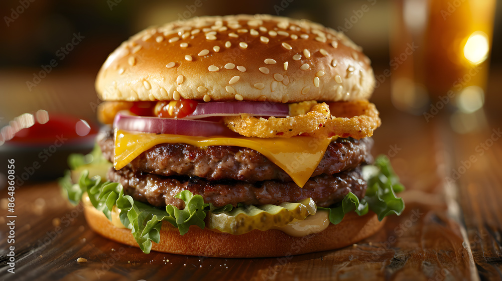 Hearty classic cheeseburger on rustic table with toasted bun, juicy patty, fresh veggies in cozy diner. Hearty classic cheeseburger on rustic table with toasted bun, juicy patty, fresh veggies in cozy diner.