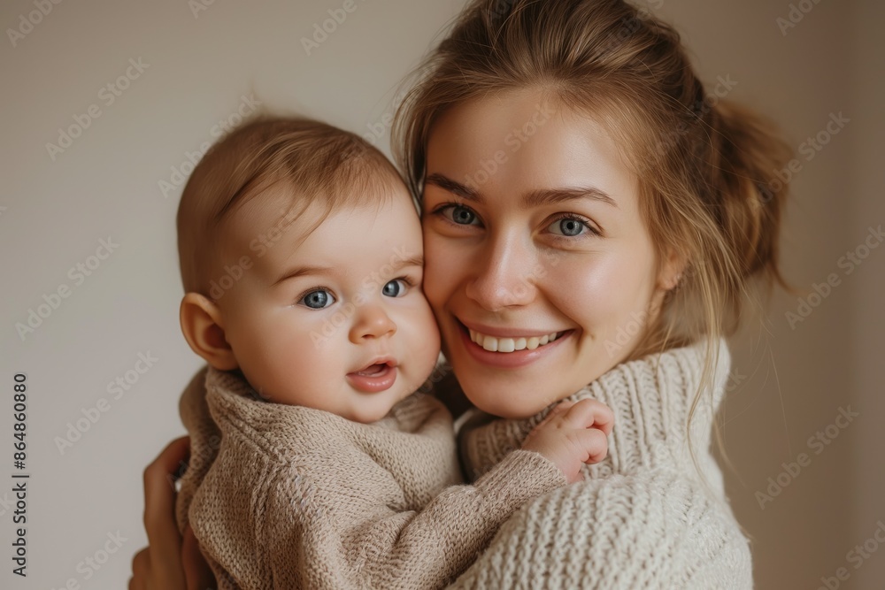 An intimate portrait of a smiling mother in a beige sweater cuddling her baby with bright blue eyes An intimate portrait of a smiling mother in a beige sweater cuddling her baby with bright blue eyes