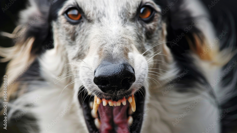 Fototapeta premium A borzoi unfriendly dog showing its teeth, barking