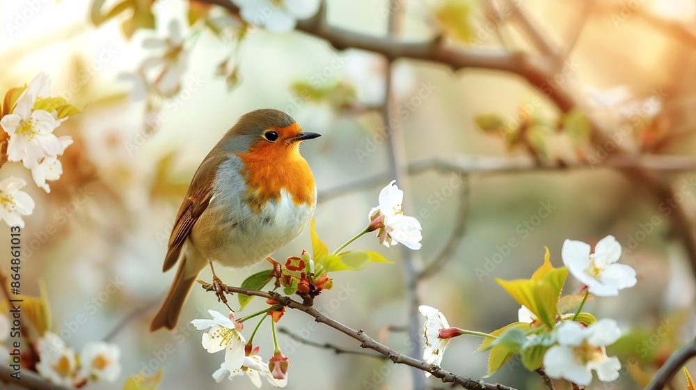 Fototapeta premium bird robin sitting on cherry branches with white flowers on a sunny spring day : Generative AI