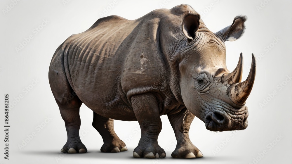 A realistic photo of a rhinoceros isolated on a white backdrop, focusing on its distinctive horns and rugged texture A realistic photo of a rhinoceros isolated on a white backdrop, focusing on its distinctive horns and rugged texture