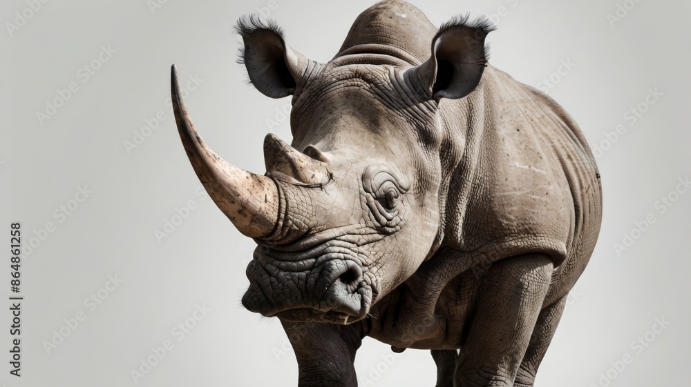 A realistic photo of a rhinoceros isolated on a white backdrop, focusing on its distinctive horns and rugged texture A realistic photo of a rhinoceros isolated on a white backdrop, focusing on its distinctive horns and rugged texture