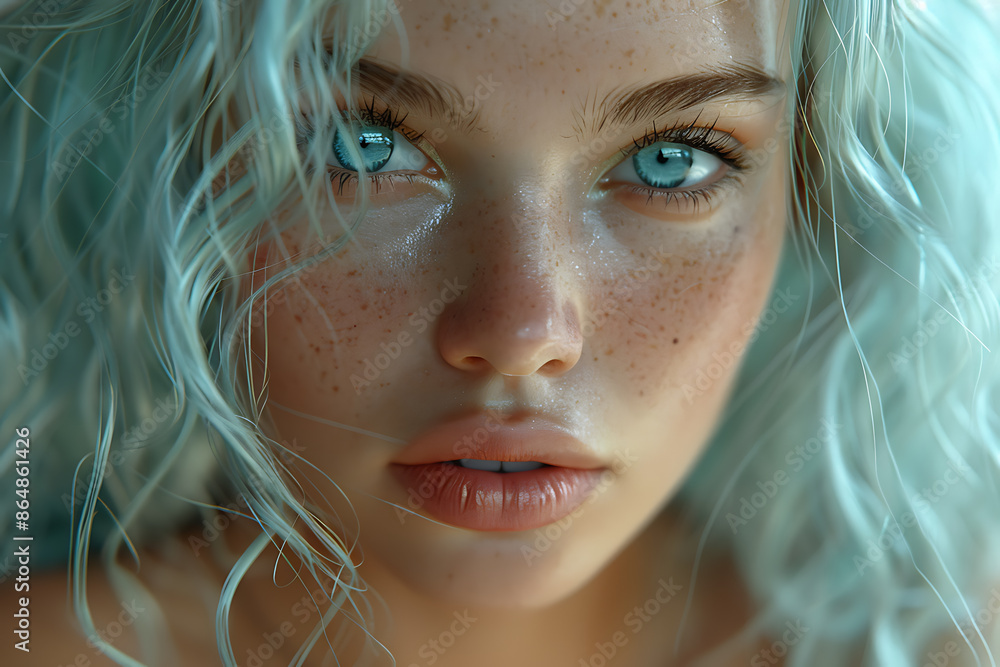 very beautiful girl with expressive features, looking in front of her, beautiful pouty lips, there are very detailed beautiful eyes, and aqua beautiful hair very beautiful girl with expressive features, looking in front of her, beautiful pouty lips, there are very detailed beautiful eyes, and aqua beautiful hair