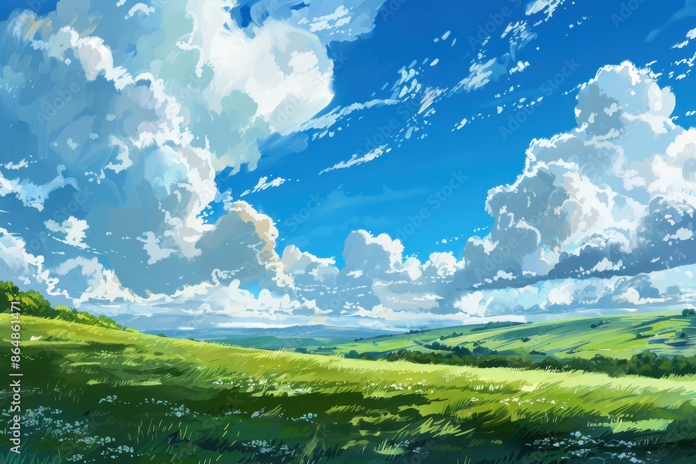 Beautiful panoramic view of green grassy field and blue sky with white clouds. Calm nature landscape painting in anime style. Beautiful panoramic view of green grassy field and blue sky with white clouds. Calm nature landscape painting in anime style.