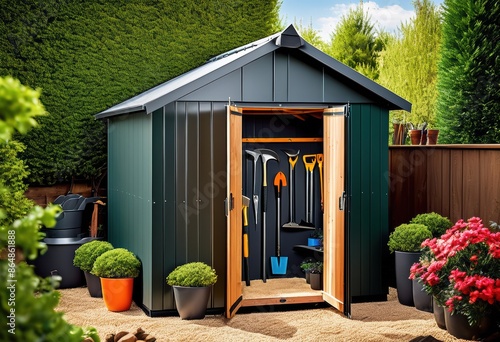 sleek modern garden shed neatly arranged tools, storage, equipment, gardening, backyard, structure, supplies, maintenance, contemporary, functional photo