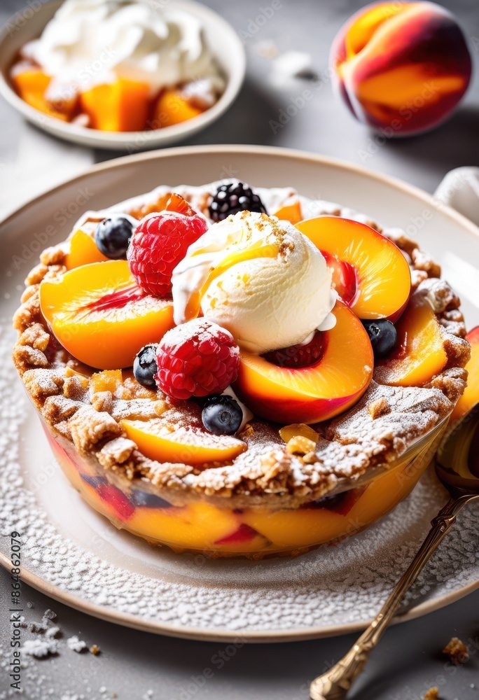 delicious peach cobbler dessert fresh fruits crispy crust white plate, baked, homemade, sweet, sugary, golden, pastry, juicy, warm, oven, flavor, tasty, treat delicious peach cobbler dessert fresh fruits crispy crust white plate, baked, homemade, sweet, sugary, golden, pastry, juicy, warm, oven, flavor, tasty, treat