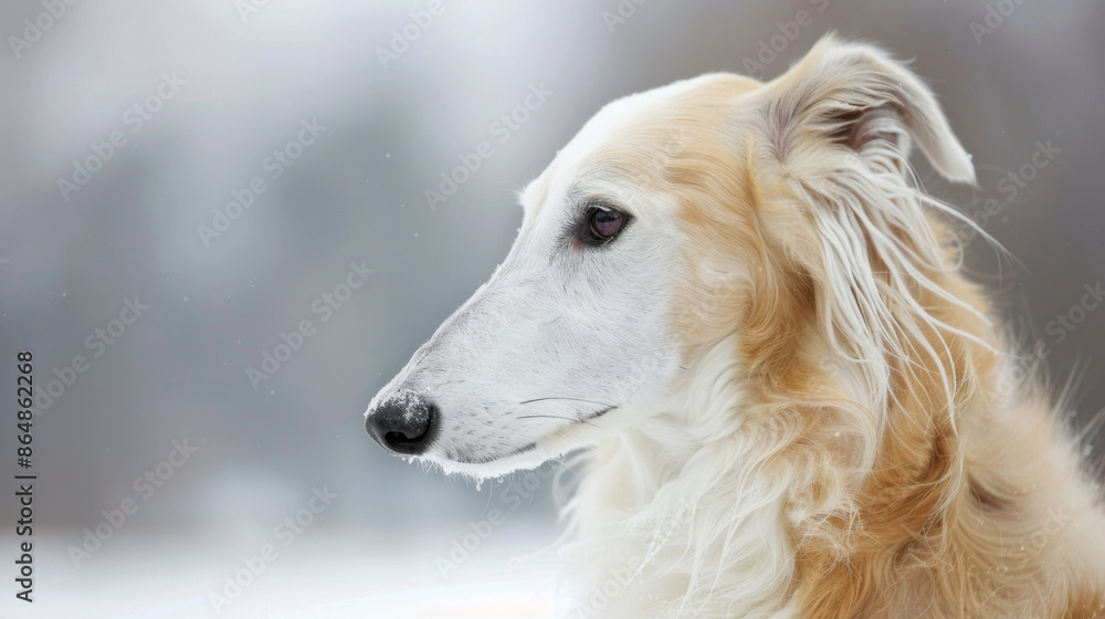 Adorable white borzoi dog is resting sitting in the snow Adorable white borzoi dog is resting sitting in the snow