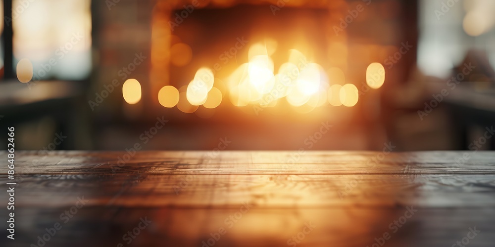 Cozy wooden table against a blurred background of a warm, glowing fireplace, perfect for relaxation and comfort themes. Cozy wooden table against a blurred background of a warm, glowing fireplace, perfect for relaxation and comfort themes.