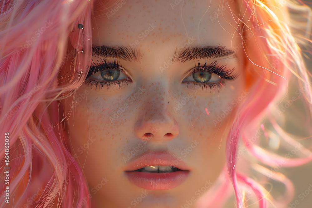 A stunning girl with expressive features, gazing ahead with beautiful pouty lips, detailed eyes, and lovely pink hair A stunning girl with expressive features, gazing ahead with beautiful pouty lips, detailed eyes, and lovely pink hair