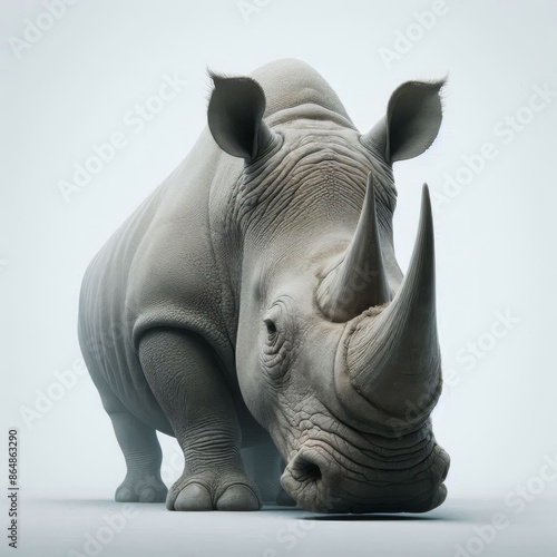 A realistic photo of a rhinoceros isolated on a white backdrop, focusing on its distinctive horns and rugged texture photo