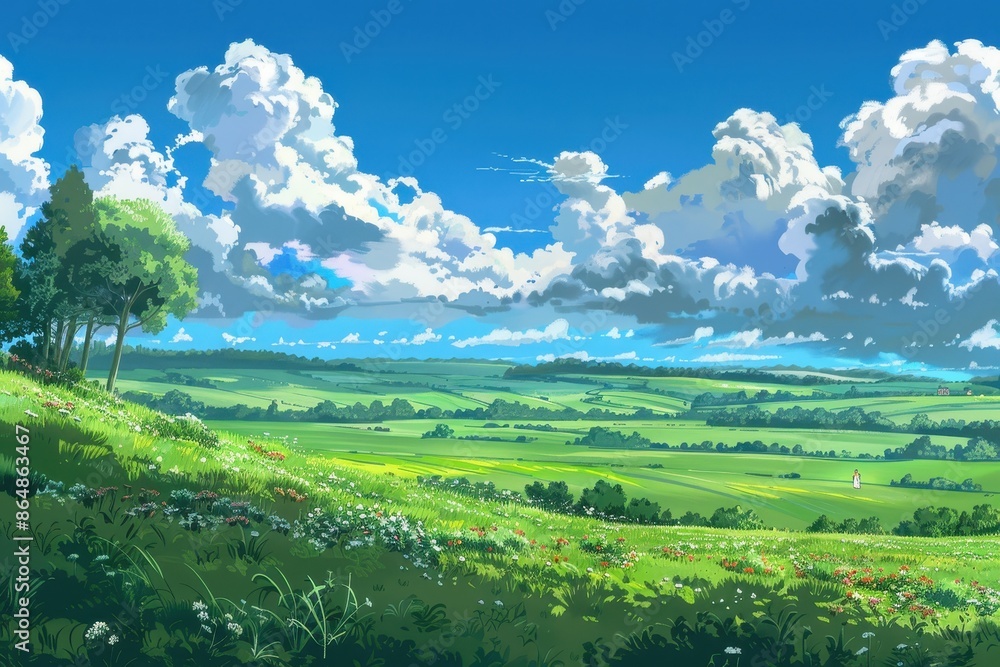 Fototapeta premium Stunning digital painting of a vast, green meadow with a blue sky and fluffy white clouds. Concept of nature, landscape, scenery, countryside, tranquility, and peace.