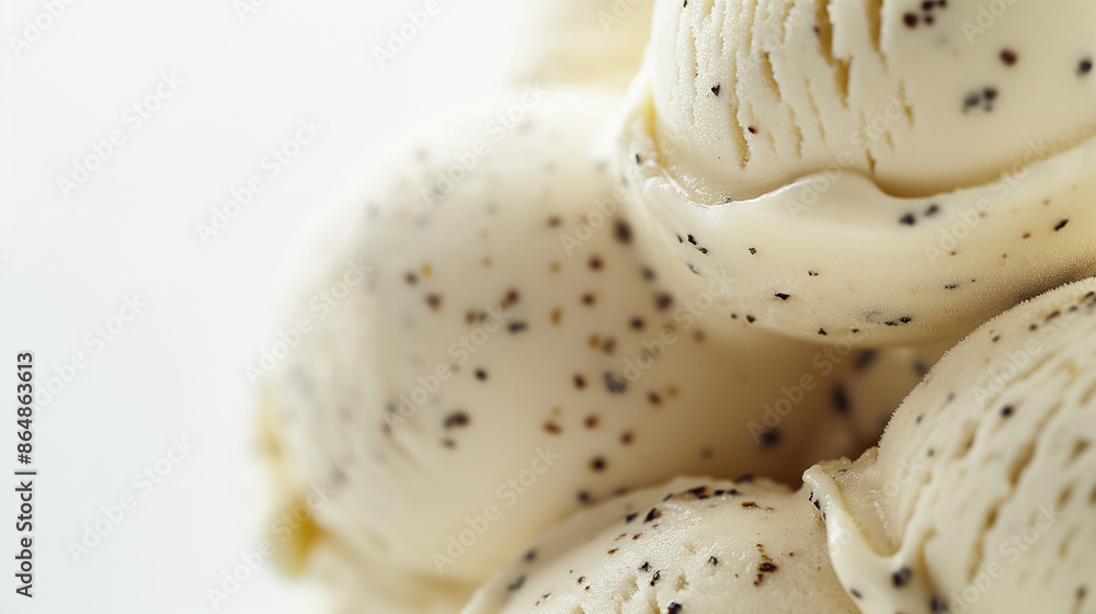 Fototapeta premium A closeup image of decadent bourbon vanilla bean ice cream, its creamy texture and speckled appearance highlighted against a pure white background