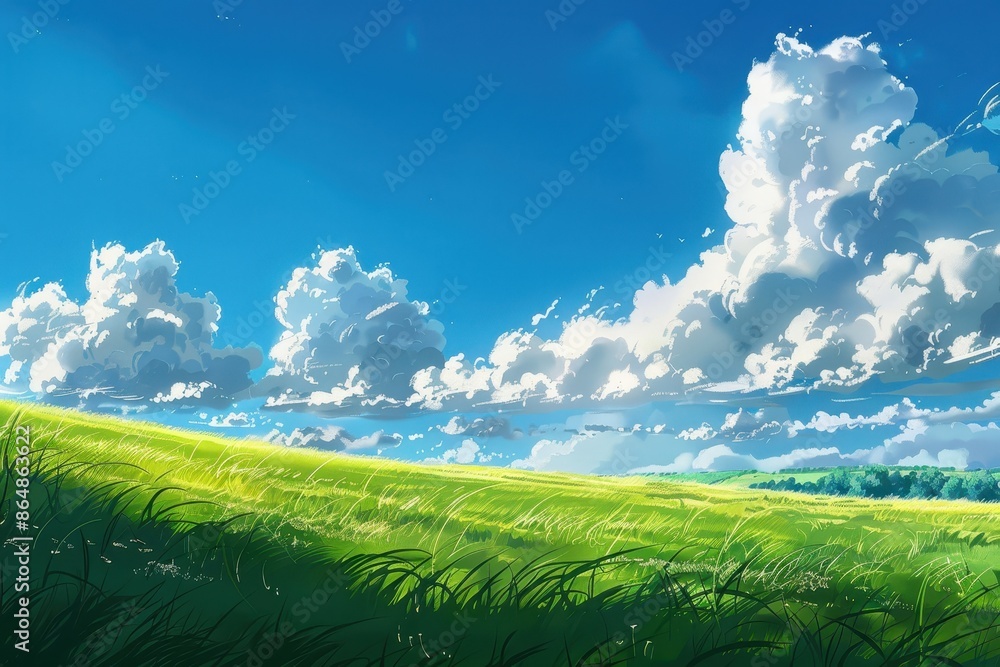 Obraz premium Beautiful green meadow with a blue sky and white clouds. Concept of nature, outdoor, peace, tranquility, summer, freedom, travel, hope, and fresh air.