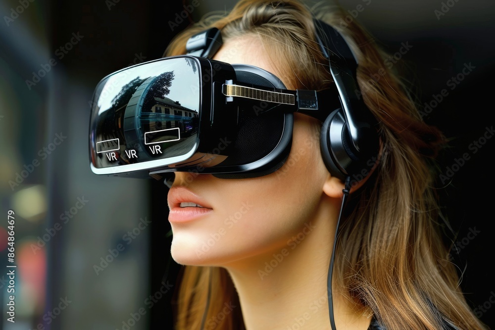 Woman using VR headset in a dark room, experiencing immersive virtual reality and advanced digital technology, innovative indoor adventure. Woman using VR headset in a dark room, experiencing immersive virtual reality and advanced digital technology, innovative indoor adventure.