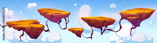 Floating island platform for arcade game level landscape. Cartoon vector flying in blue sky with clouds ground pieces with sand on top an roots for jump. Adventure videogame interface scene.