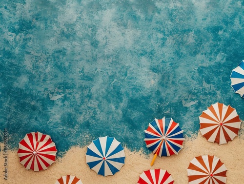 Depict a whimsical scene of people sunbathing with patrioticthemed towels and umbrellas on a sunny beach selective focus photo