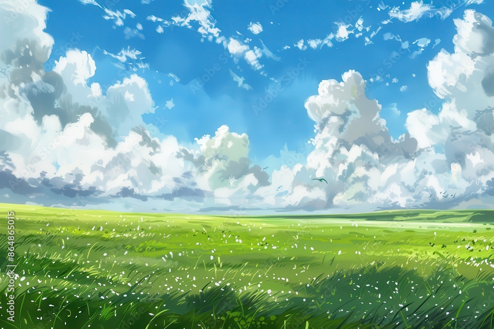 Fototapeta premium Digital painting of a beautiful green grassy field with white flowers and fluffy white clouds in a blue sky.