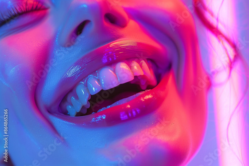 woman laughing , in the style of photo-realistic compositions, neon pop, close up, warmcore, emotive faces, photo-realistic hyperbole, in the style of magenta, contemporary candy-coated, high gloss, v