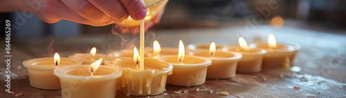 Hands making candles, pouring hot wax into molds