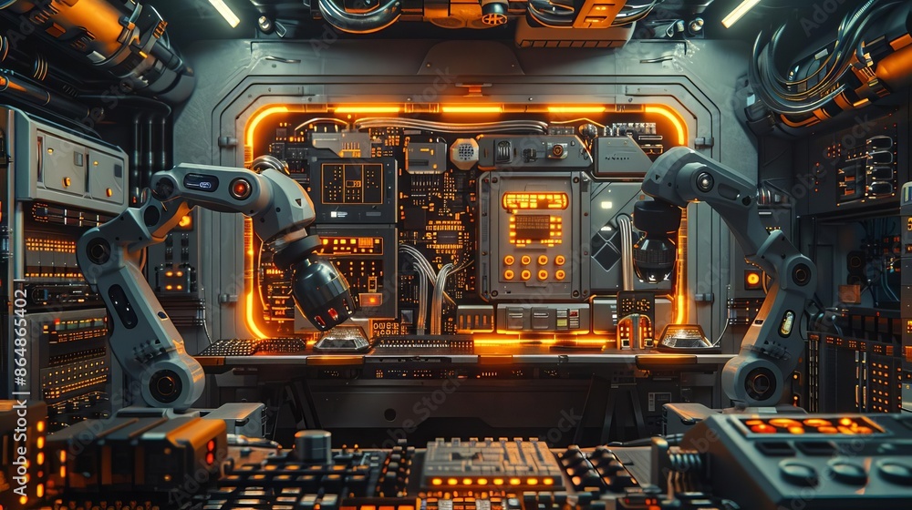 A hightech industrial background with robotic arms, glowing panels, and a central processing unit in the lower left quadrant A hightech industrial background with robotic arms, glowing panels, and a central processing unit in the lower left quadrant