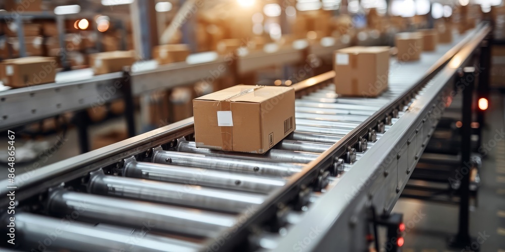 A closeup shot of a conveyor belt with packages moving at high speed, emphasizing the fast pace of modern logistics A closeup shot of a conveyor belt with packages moving at high speed, emphasizing the fast pace of modern logistics