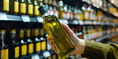 Close-up of a person holding a bottle of olive oil in a store ,  The Olive Oil Option , A Healthy Choice , The Gourmet's Pick  ,The Flavor Enhancer , "The Kitchen Essentia ,



