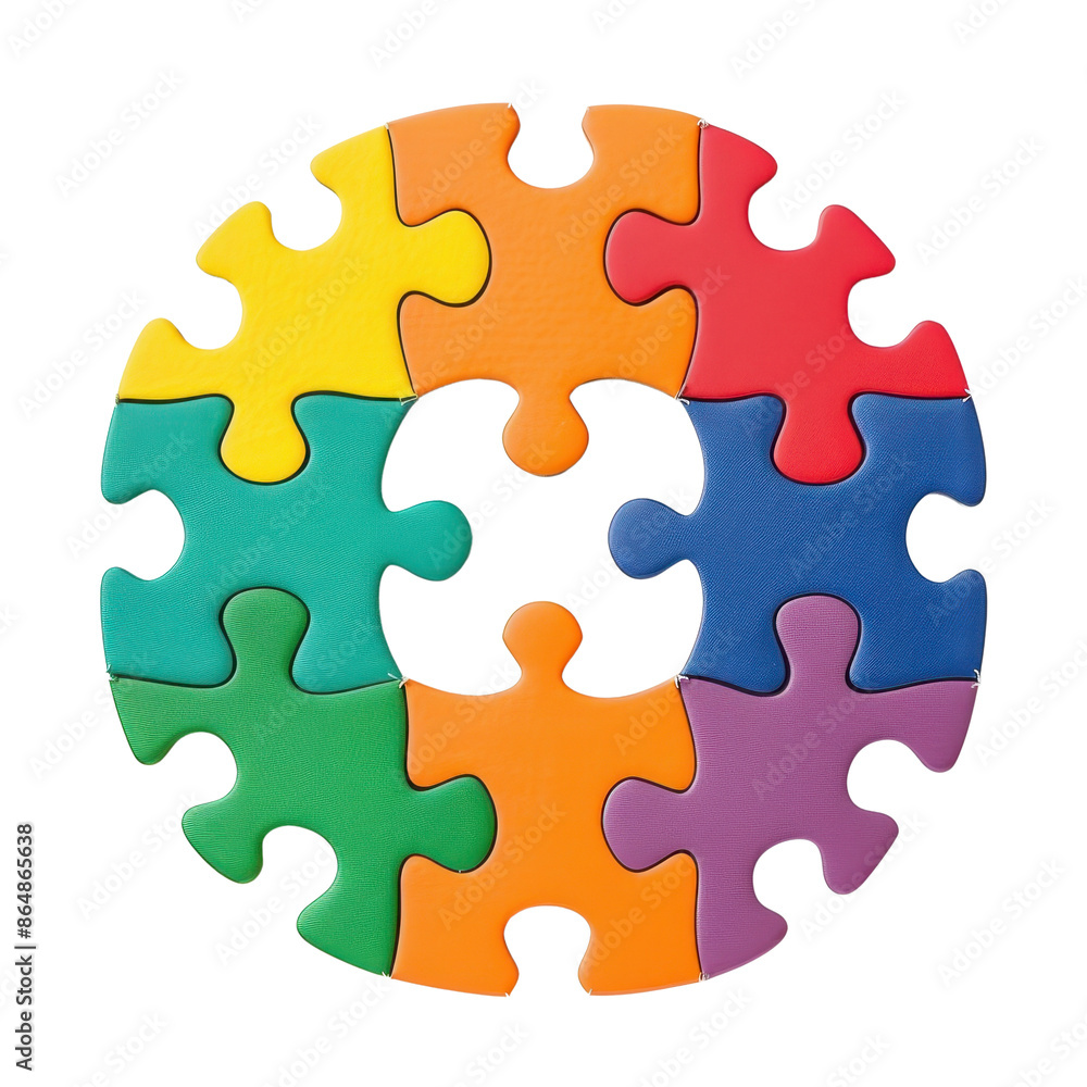 A colorful puzzle circle with six pieces representing teamwork and unity.. PNG, transparent, white background A colorful puzzle circle with six pieces representing teamwork and unity.. PNG, transparent, white background