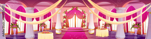 Wedding setup in luxury pink medieval castle baroque ballroom interior. Cartoon vector floral arch and fabric decoration, cakes on tables for marriage ceremony and party in royal palace hall room.