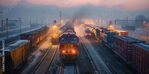 A bustling train yard with locomotives shunting freight cars, highlighting the efficiency and organization of rail transportation