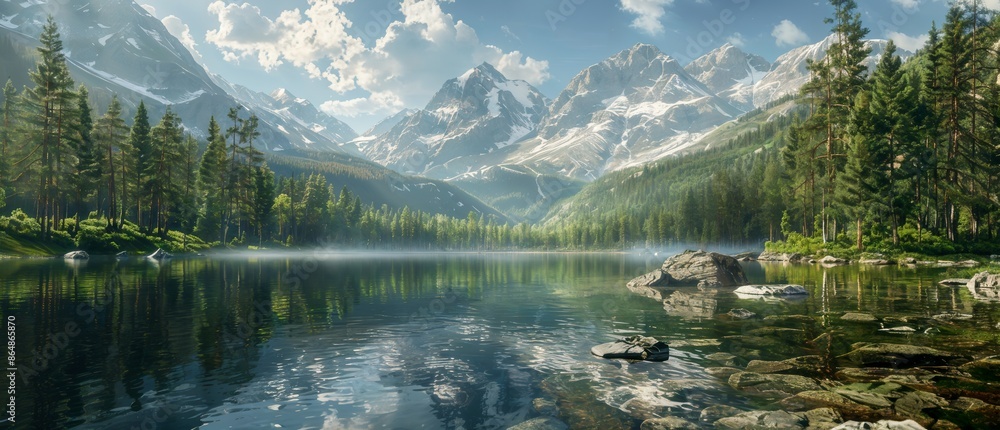Naklejka premium A serene mountain lake scene with clear water, surrounded by tall pine trees and snow-capped peaks under a bright blue sky with fluffy clouds.