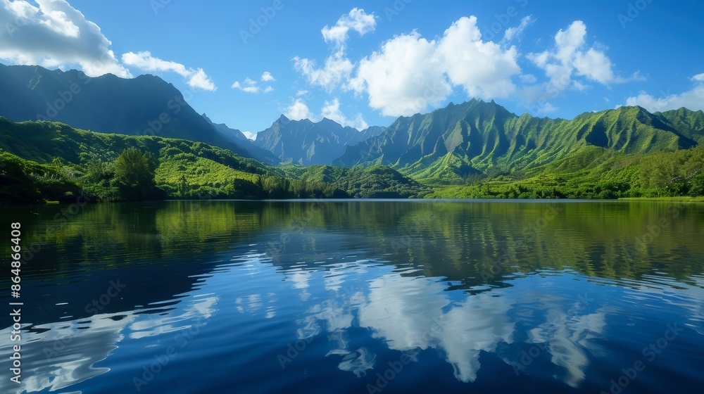 Fototapeta premium A serene lake reflects lush green mountains and a bright blue sky with fluffy white clouds on a sunny day.