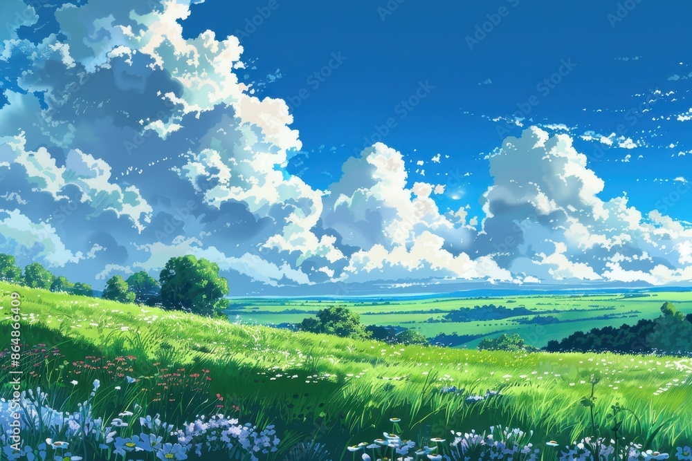 Fototapeta premium Beautiful green meadow with blue sky and white clouds. Peaceful nature scene perfect for backgrounds, wallpapers, and designs.