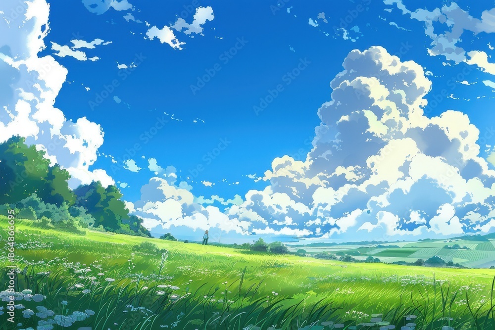 Fototapeta premium Beautiful digital illustration of a sunny day with white fluffy clouds over a green field, Concept of nature, beauty, serenity and peace.