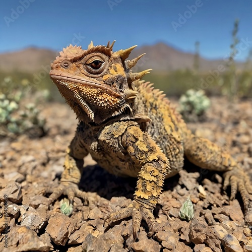 A young regal horned lizard Phrynosoma solare in natural habitat as found on rocky ground with spring vegetative growth in Pima County Arizona USA  photo