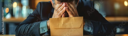 A man in professional attire holds head in hands beside unread envelope, conveying stress in a subdued office setting