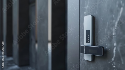 A modern keyless smart door lock is installed on a sleek, dark door, featuring a touchpad and possible fingerprint scanner.