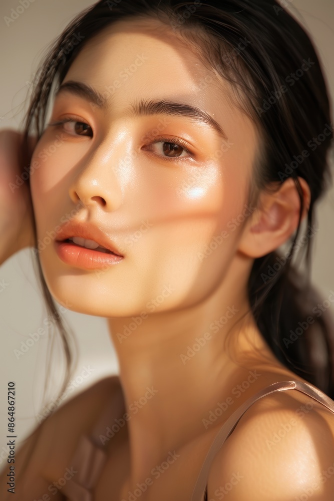 A close-up portrait of a woman with natural makeup, glossy skin, and soft lighting highlighting her facial features. A close-up portrait of a woman with natural makeup, glossy skin, and soft lighting highlighting her facial features.
