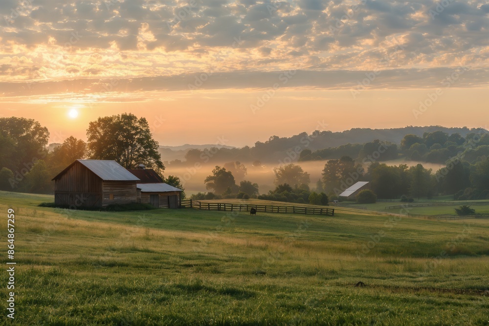 A serene countryside scene with a barn, rolling hills, and a sunrise casting a warm glow over the misty landscape. A serene countryside scene with a barn, rolling hills, and a sunrise casting a warm glow over the misty landscape.