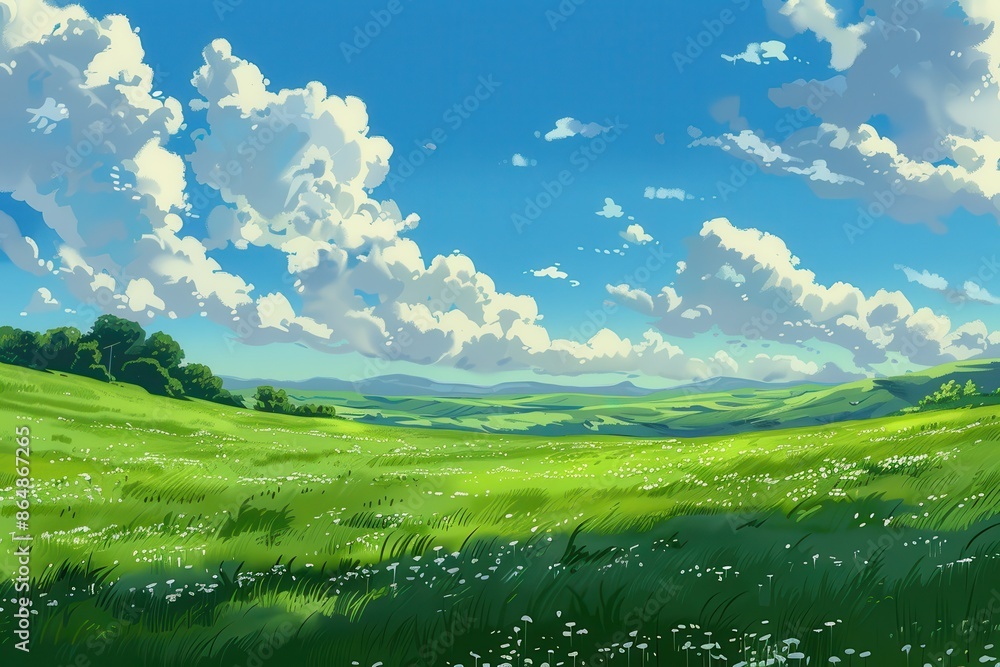 Fototapeta premium Beautiful green field landscape with white clouds in blue sky, nature background illustration