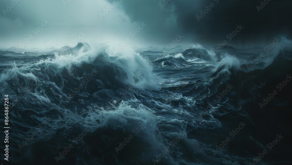 Dark and stormy ocean waves crashing under a dramatic, cloudy sky, evoking a sense of power and turmoil. Dark and stormy ocean waves crashing under a dramatic, cloudy sky, evoking a sense of power and turmoil.