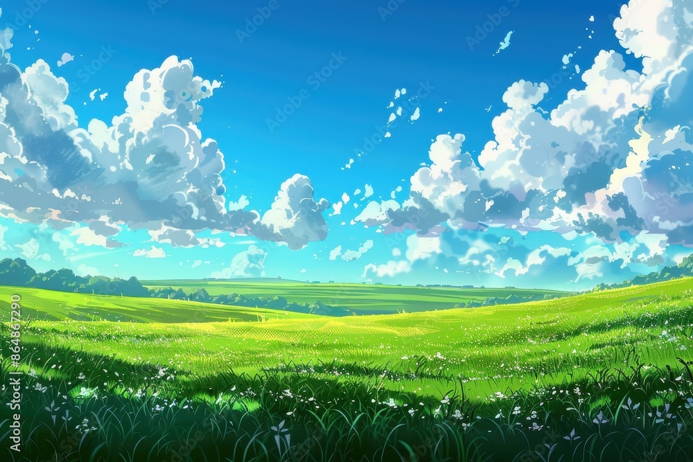 Fototapeta premium Beautiful green meadow landscape with white clouds and blue sky. Concept of peace, nature, and tranquility.