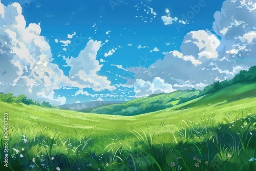 Beautiful landscape with rolling green hills and a blue sky with fluffy clouds. Perfect for backgrounds, desktop wallpaper, or digital art projects.