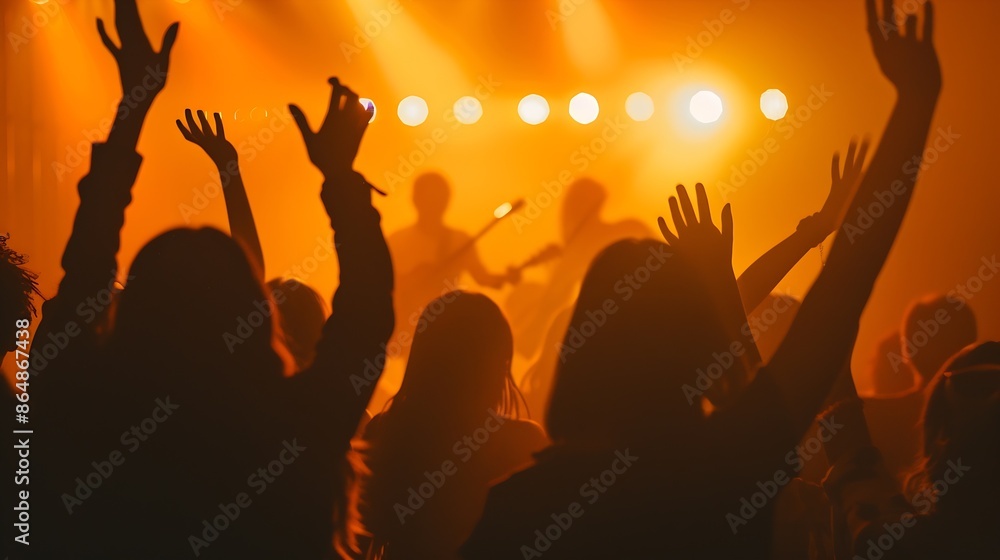Silhouettes of people rising their hands and having fun at the music open air festival Nightlife People dancing at rock concert and going wild There are orange stage lights On stage ar : Generative AI Silhouettes of people rising their hands and having fun at the music open air festival Nightlife People dancing at rock concert and going wild There are orange stage lights On stage ar : Generative AI