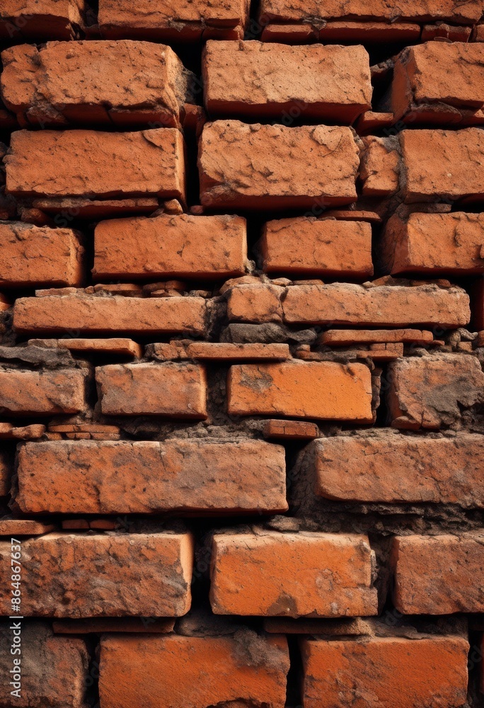 Fototapeta premium detailed macro shot rough brick surface texture background wallpaper, pattern, structure, red, material, architecture, building, construction, design, urban