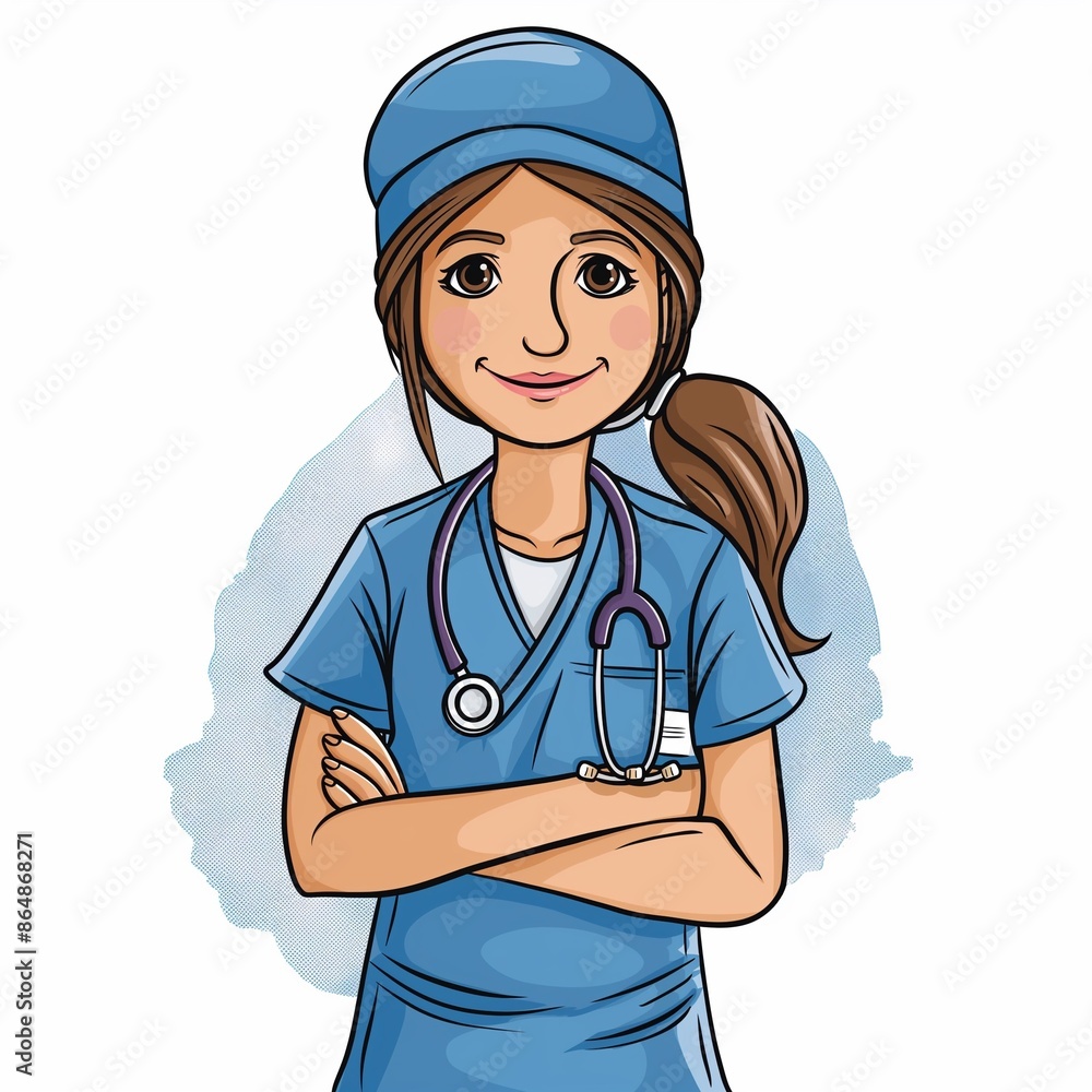 Cartoon vector illustration of a nurse with a stethoscope, arms crossed, on a white background. Ideal for healthcare, nursing, and medical illustrations. Cartoon vector illustration of a nurse with a stethoscope, arms crossed, on a white background. Ideal for healthcare, nursing, and medical illustrations.