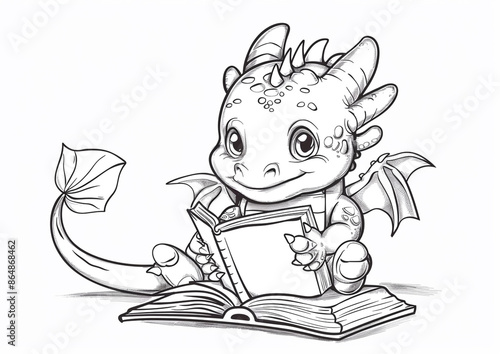 Cartoon baby dragon reading a book, outlined for coloring, on a white background.