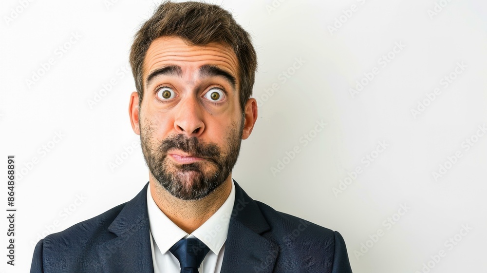 Businessman with wide eyes, looking anxious against a plain background. Businessman with wide eyes, looking anxious against a plain background.