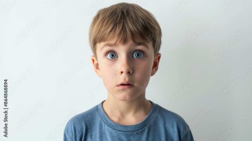 A young child with wide eyes and an anxious expression, looking surprised against a white background. A young child with wide eyes and an anxious expression, looking surprised against a white background.